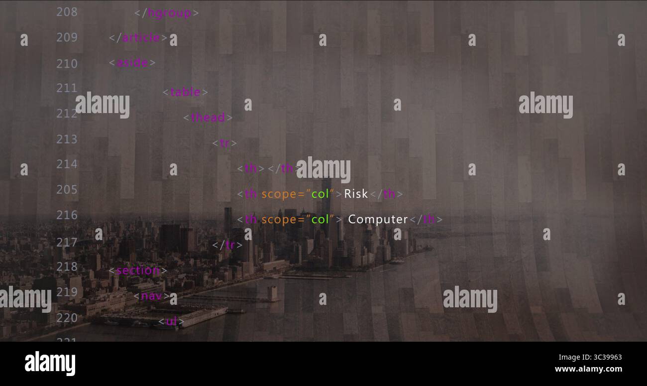 Sovrapposizione di frammenti di codice HTML sullo skyline della città, con tag di rischio e computer Foto Stock Sovrapposizione di frammenti di codice HTML sullo skyline della città, con tag di rischio e computer Foto Stock