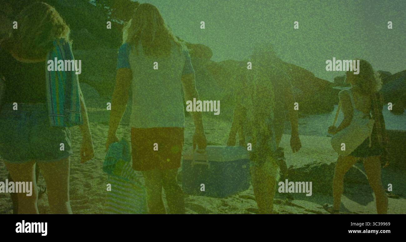 Camminando cinque amici che portano refrigeratori e asciugamani sulla spiaggia verso il litorale roccioso, con cappello di paglia Foto Stock