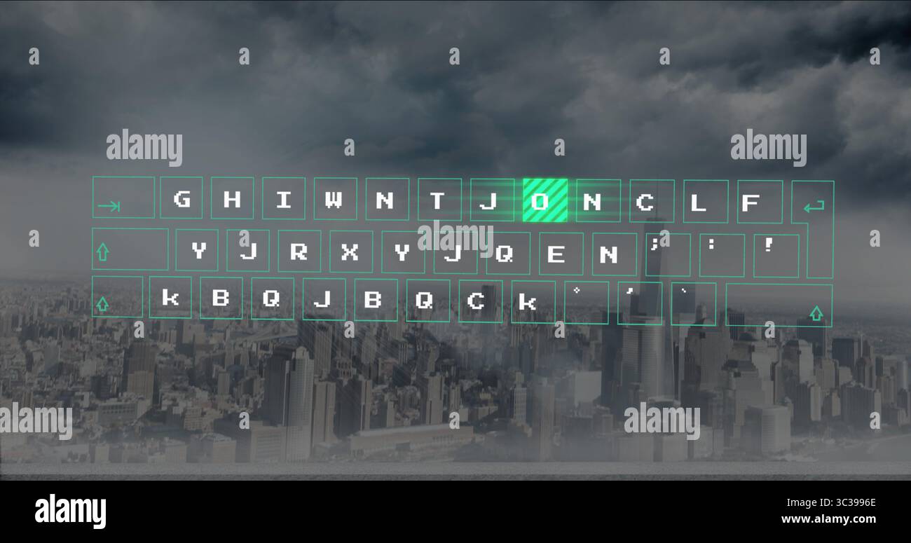Sovrapposizione di tastiera virtuale traslucida fluttuante che passa con il mouse sul paesaggio urbano, con il tasto verde a strisce Foto Stock