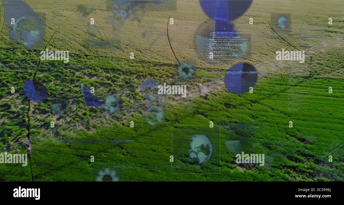 Sovrapposizione digitale flottante che mostra le icone del globo e il codice sopra prodotti verdi e tracce di sporco in campo rurale Foto Stock
