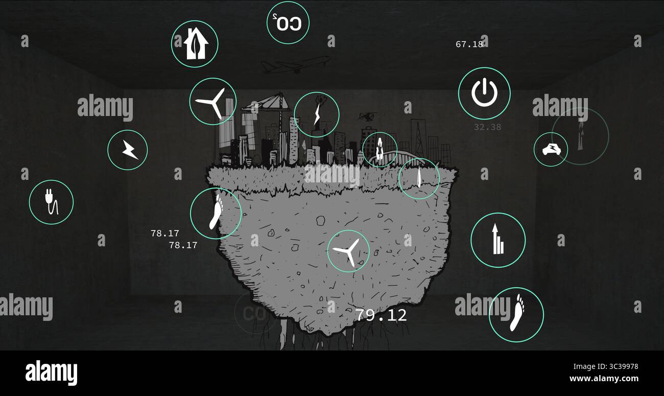 Presenta un frammento di terra galleggiante che mostra radici e skyline in una galleria di cemento, con icone dell'energia Foto Stock