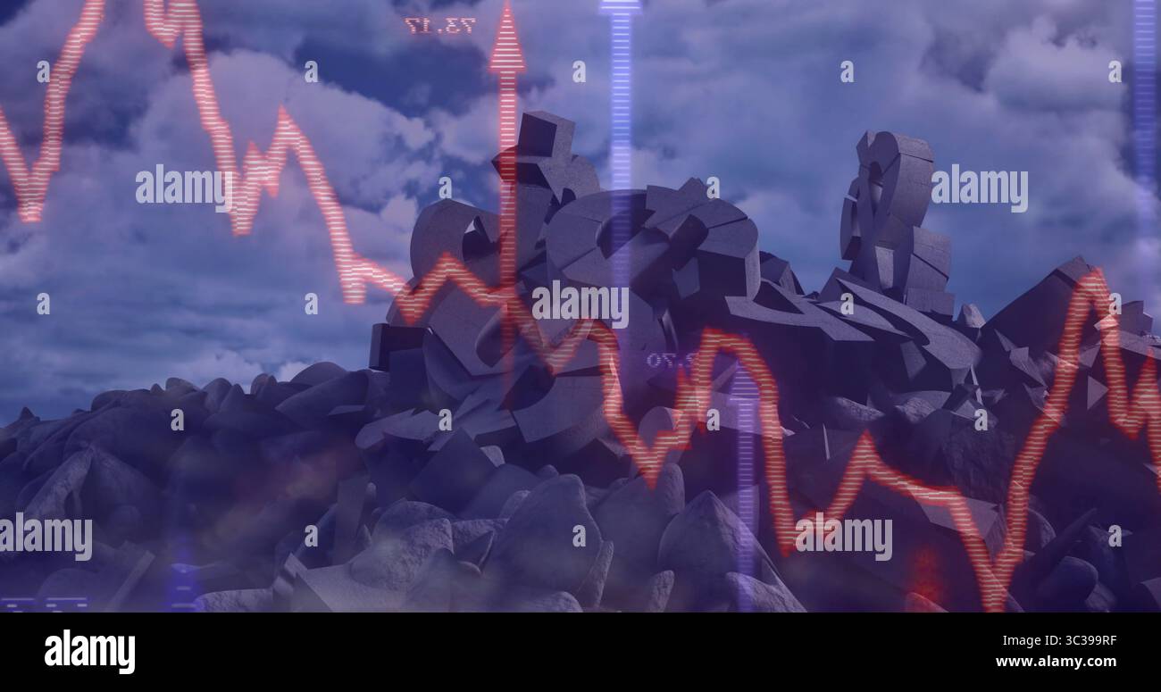 Montaggio di simboli di valuta 3D su un paesaggio roccioso, sovrapposizione di grafici con linee rosse e griglie blu Foto Stock