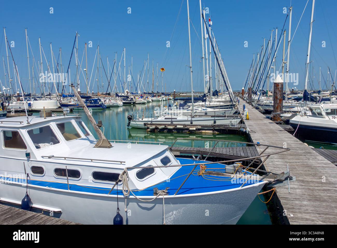 Barche a motore da diporto e barche a vela ormeggiate nel porto turistico del villaggio di pescatori e località balneare di Breskens lungo la Schelda occidentale, Zelanda, Paesi Bassi Foto Stock
