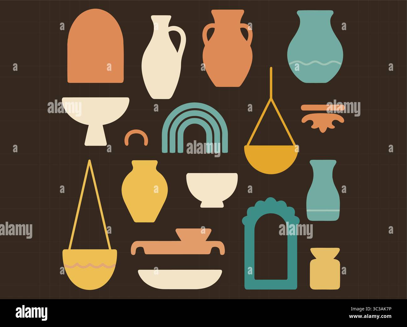 Boho Home decor Vector Set vasi minimalisti, pentole, piantatrici, arcobaleni e Wall Art Illustrazione Vettoriale