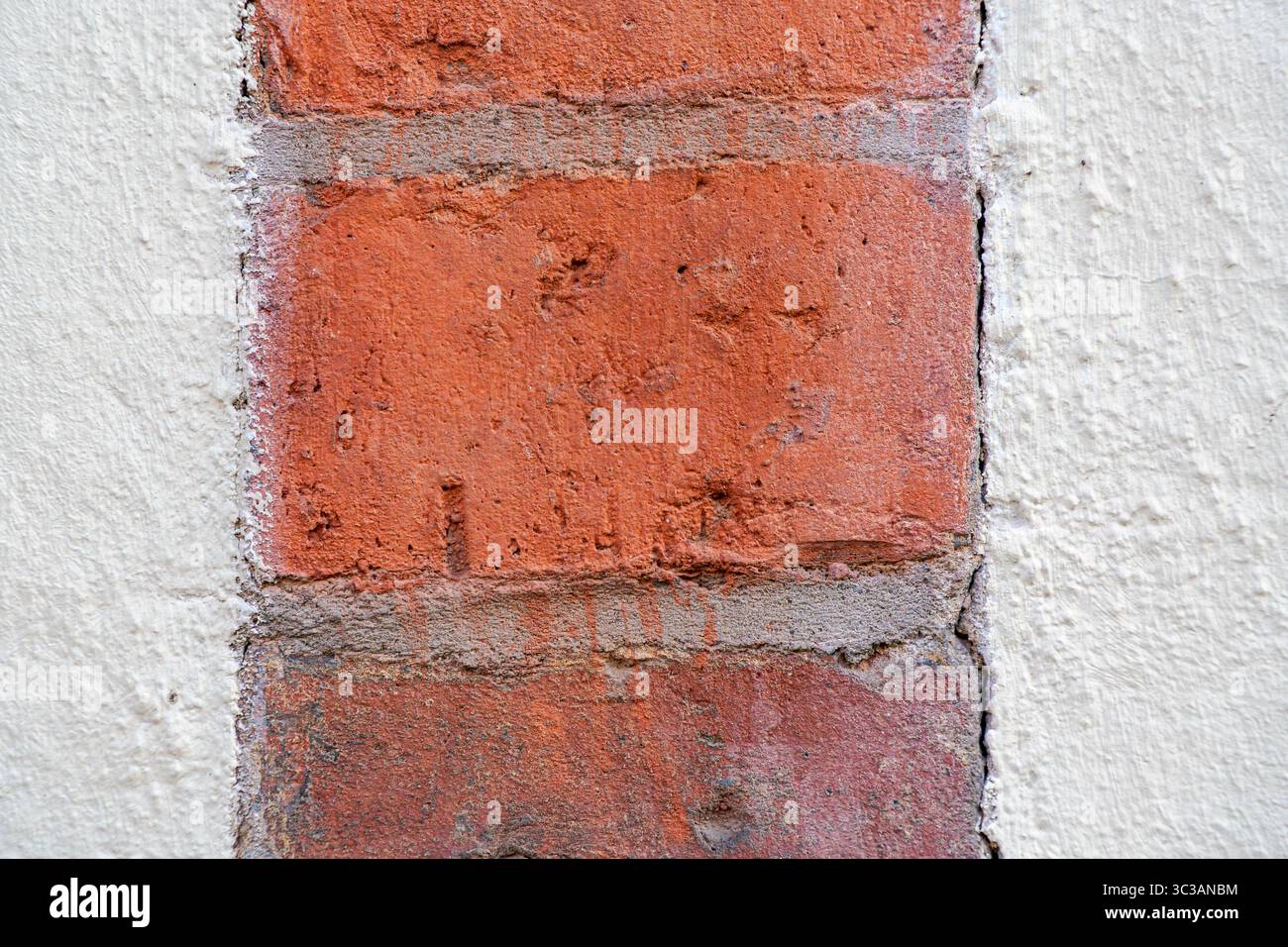 Primo piano estremo di un segmento di mattoni rossi incorniciato da intonaco bianco. L'immagine evidenzia la trama grezza e le imperfezioni della superficie. Foto Stock
