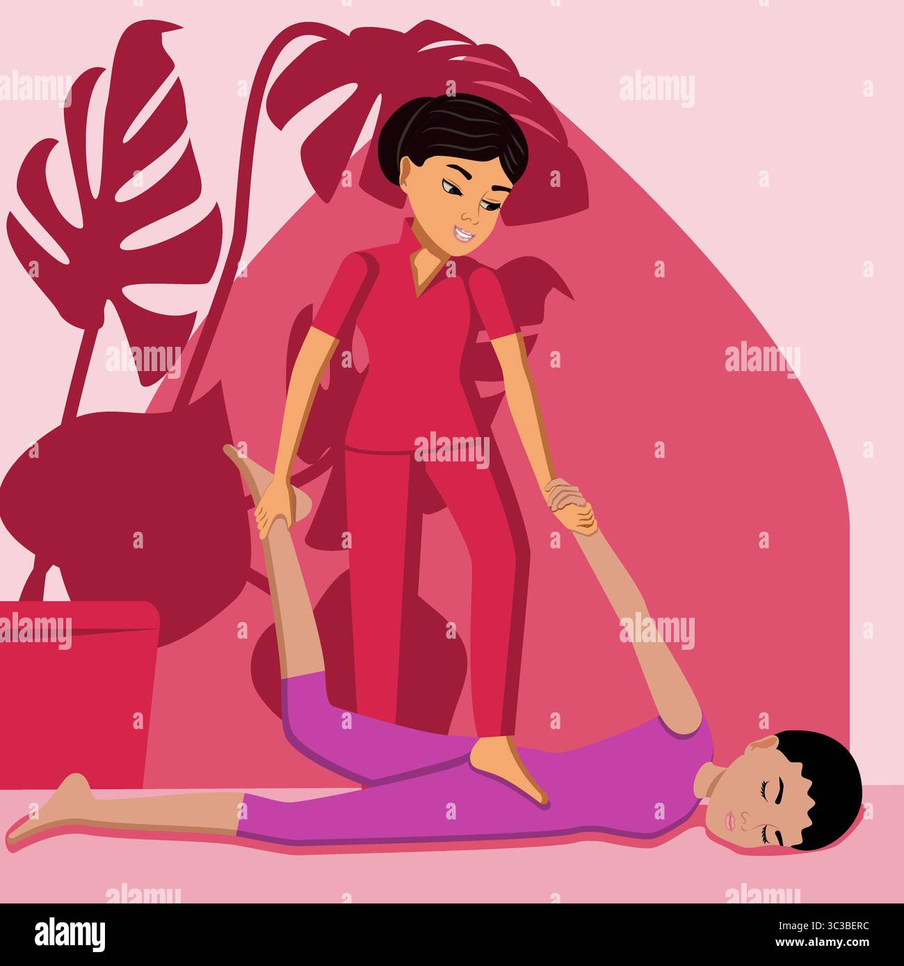 Massaggio Shiatsu. Terapia e trattamento da parte di terapisti professionisti nella SPA. Illustrazione del vettore piatto isolato. Etnia orientale e indiana. Illustrazione Vettoriale