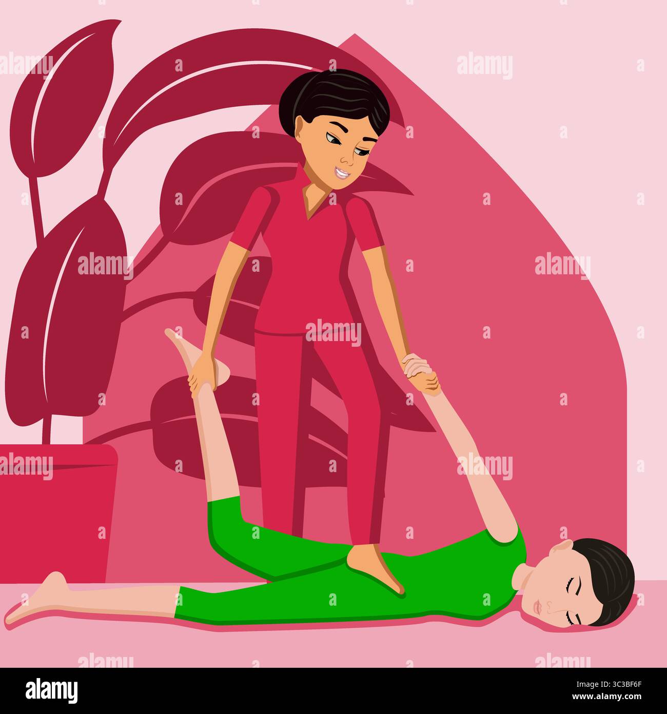 Massaggio Shiatsu. Terapia e trattamento da parte di terapisti professionisti nella SPA. Illustrazione del vettore piatto isolato. Etnia orientale e asiatica. Illustrazione Vettoriale