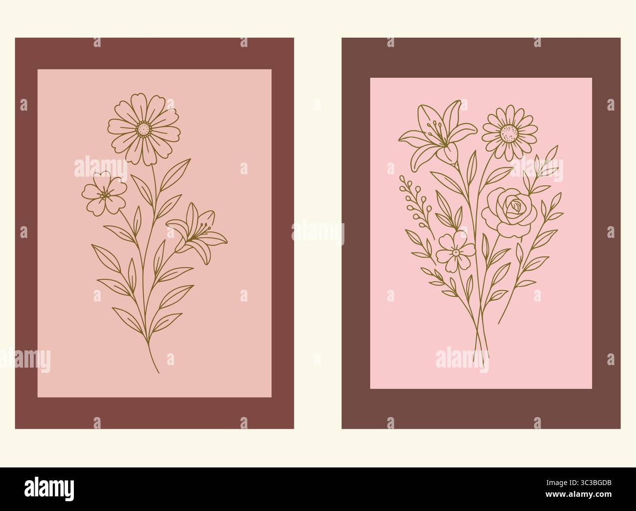 Elegante set di poster in stile Art floreale della linea botanica, decorazioni da parete rosa e oro Illustrazione Vettoriale