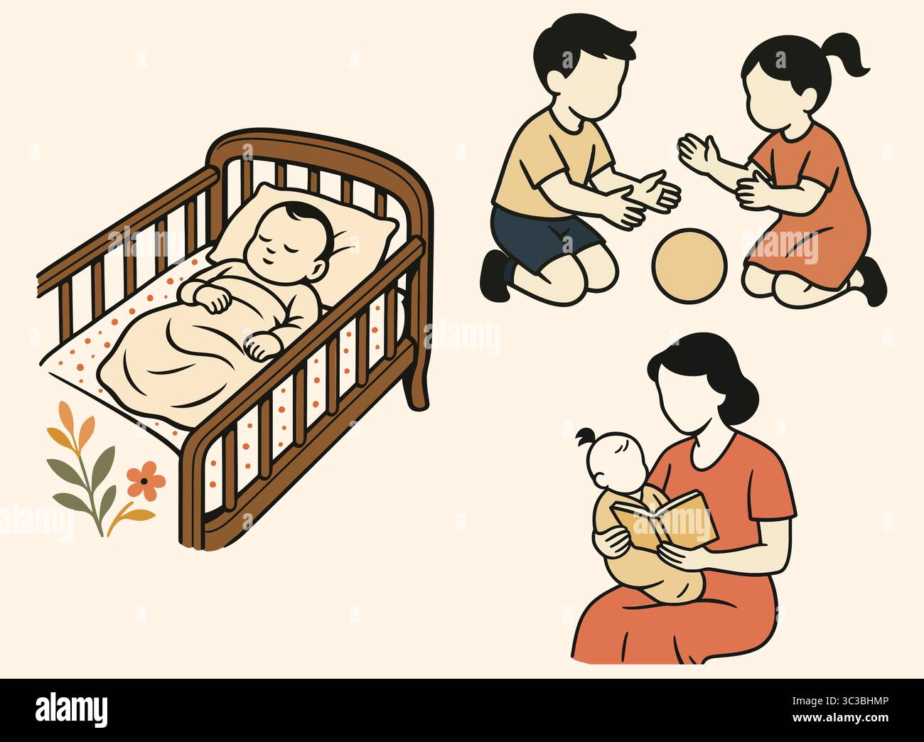 Illustrazioni retrò Family Life Baby Sleep, Sibling Play e Mother Reading Illustrazione Vettoriale