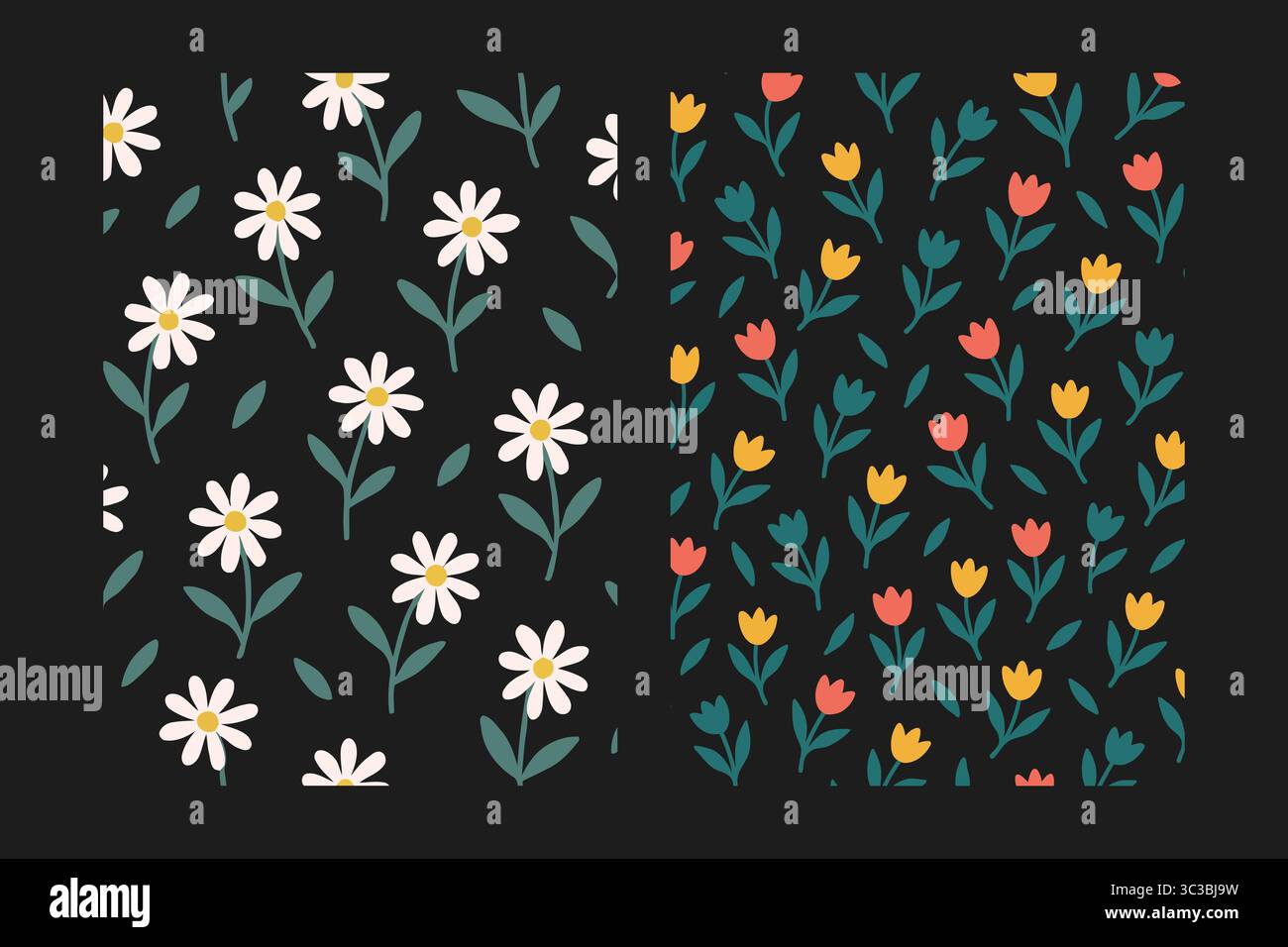 Sfondi con motivo floreale scuro e vettoriale a margherita e tulipani Illustrazione Vettoriale