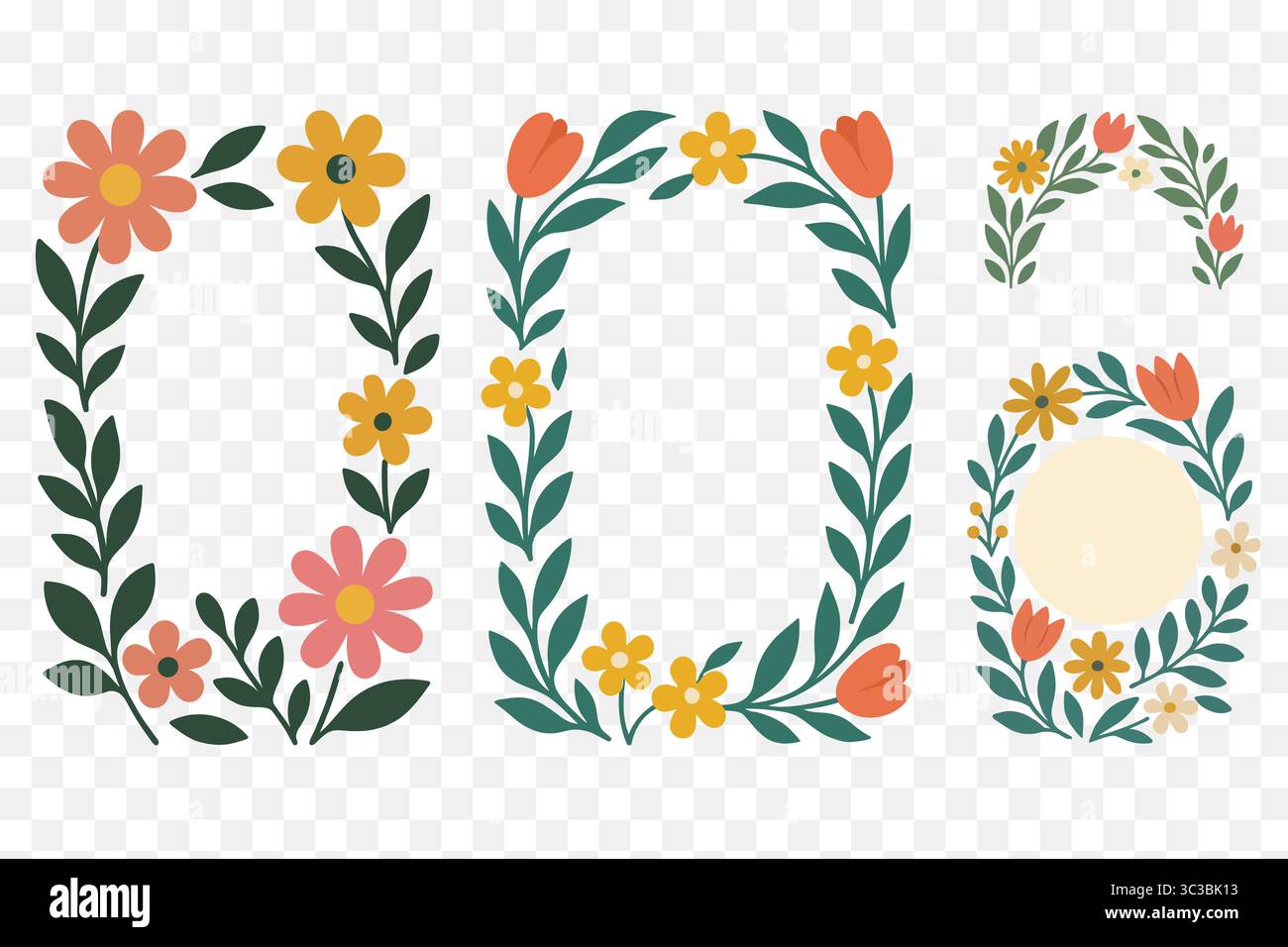 Cornice floreale ed etichetta Clipart bordi floreali modificabili ed elementi di etichette botaniche Illustrazione Vettoriale