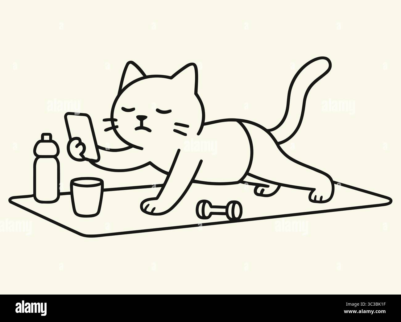 Funny Line Art Lazy Cat fare yoga mentre si guarda il telefono Illustrazione Vettoriale