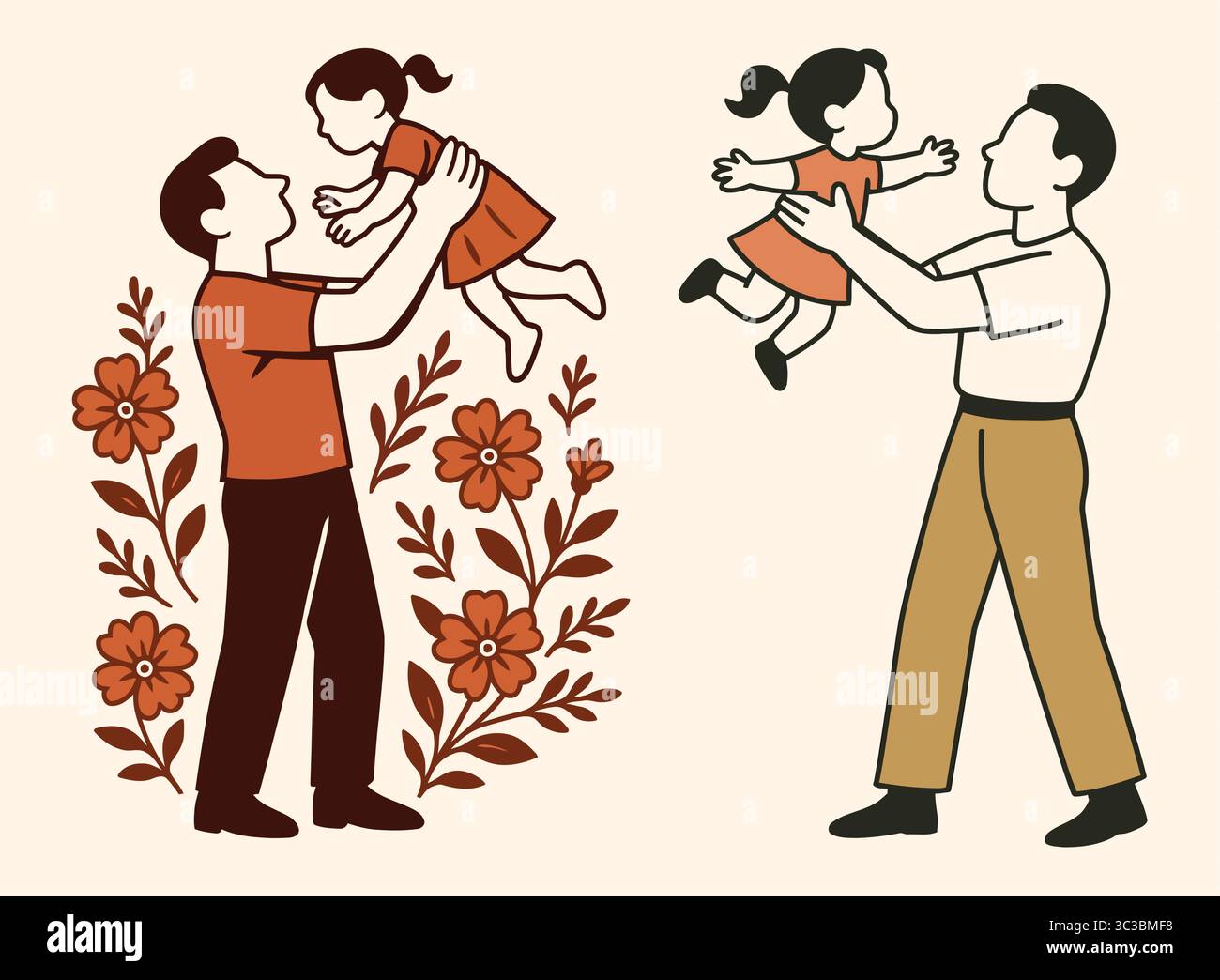 Illustrazione retro padre e figlia momento di sollevamento giocoso (2 scene) Illustrazione Vettoriale