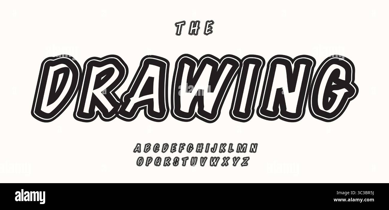 Disegnato a mano, disegnato a mano, carattere alfabeto stile fumettistico, allegre e audaci lettere cartoni animati per libri per bambini, poster didattici, titoli creativi, Street art Illustrazione Vettoriale