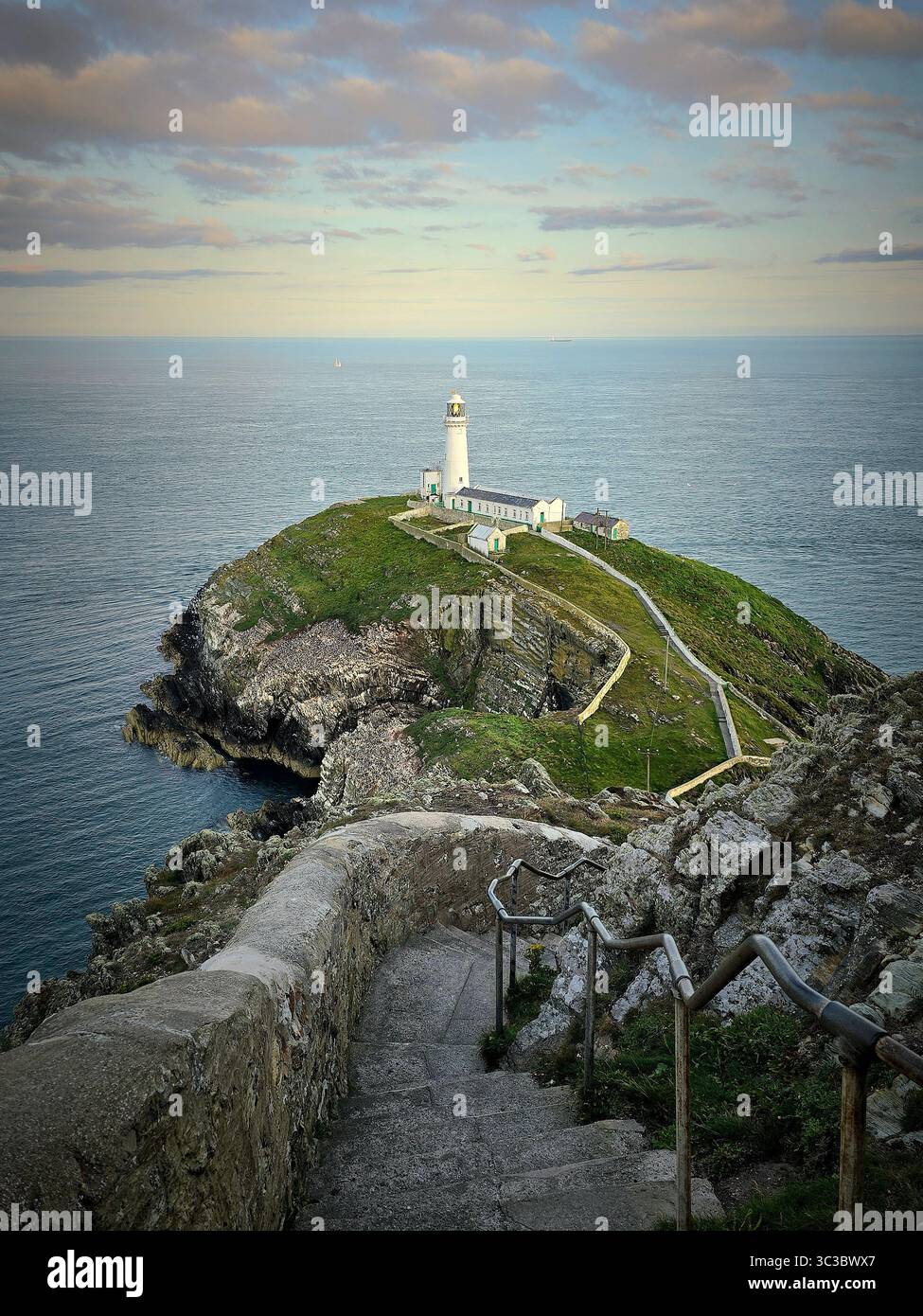 Il faro di South Stacks giu' al piano di sotto della luce delle prime ore della sera - Immagine stock catturata con smartphone