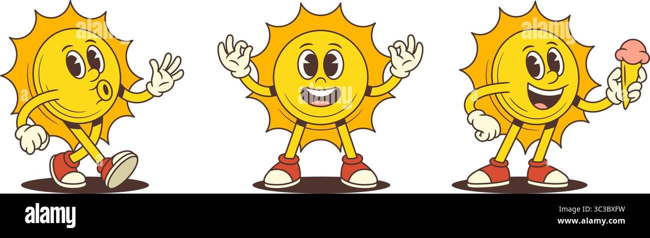 Mascotte del sole cartoni animati che si godono i momenti estivi con pose espressive come camminare, tenere il gelato e lampeggiare i segnali di pace. Ideale per prodotti di stagione Illustrazione Vettoriale