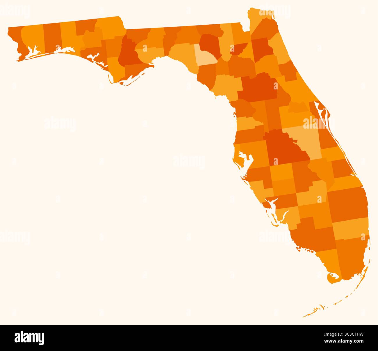Mappa della Florida con le contee. Solo una semplice mappa del confine di stato con la divisione della contea. Tavolozza dei colori arancione. Illustrazione Vettoriale