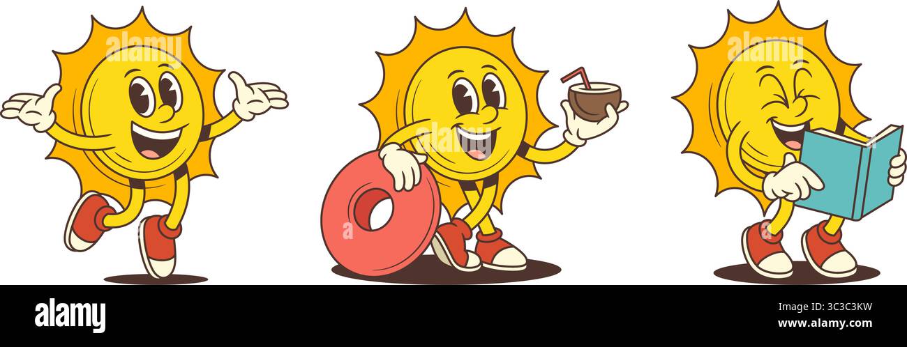 Mascotte del sole dei cartoni animati in pose espressive camminando con gioia, leggendo un libro e godendosi le prelibatezze estive. Perfetto per design stagionali, contenuti per bambini ed e Illustrazione Vettoriale