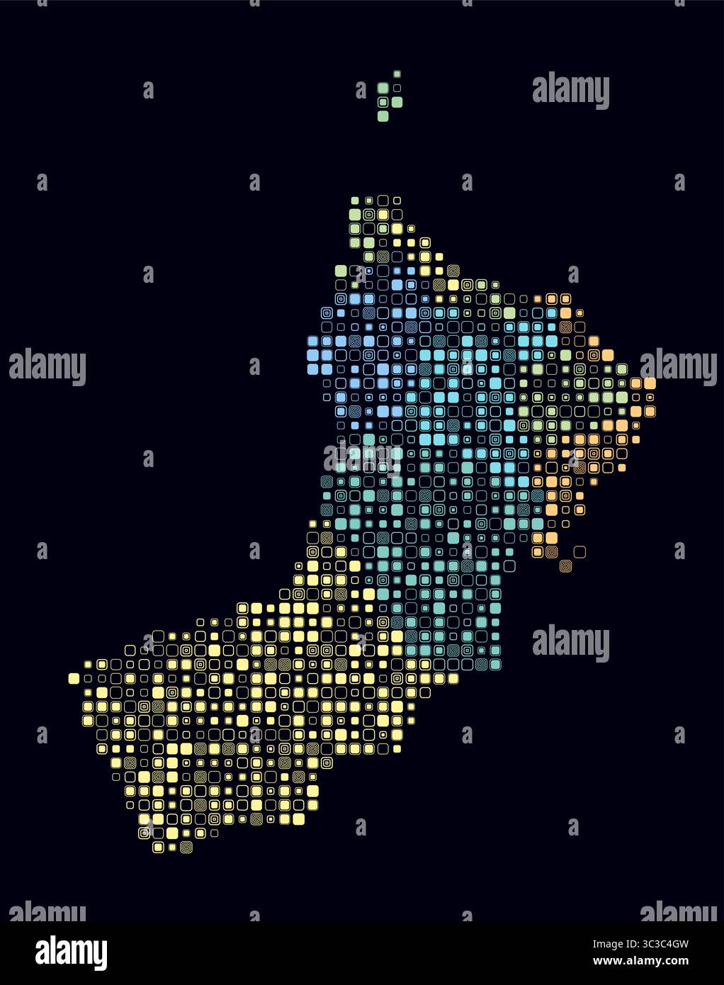 Oman, forma del paese costruita di cellule colorate. Mappa in stile digitale dell'Oman su sfondo scuro. Blocchi quadrati arrotondati di piccole dimensioni. Illustrazione Vettoriale
