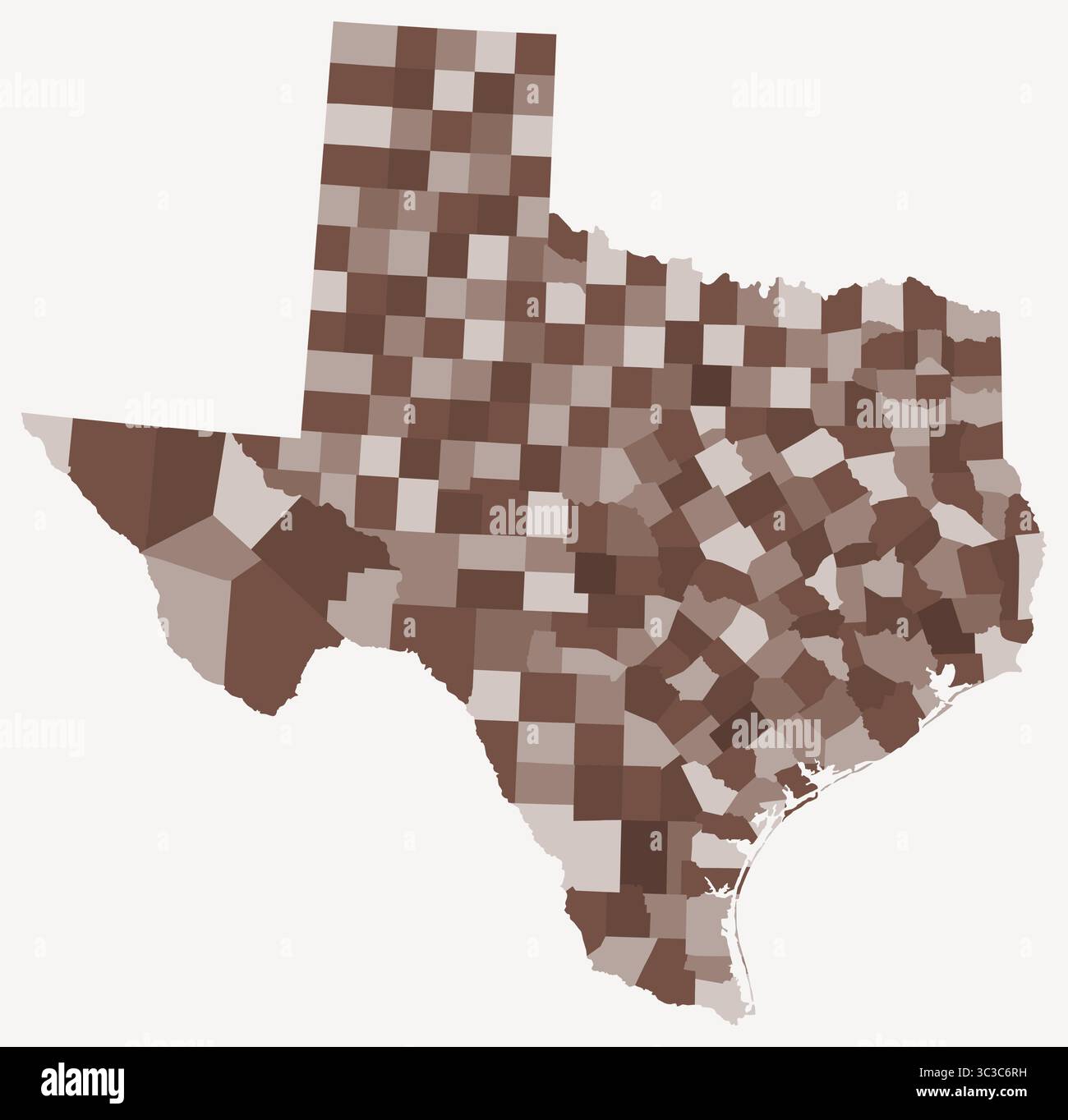 Mappa del Texas con le contee. Solo una semplice mappa del confine di stato con la divisione della contea. Tavolozza dei colori marrone. Illustrazione Vettoriale