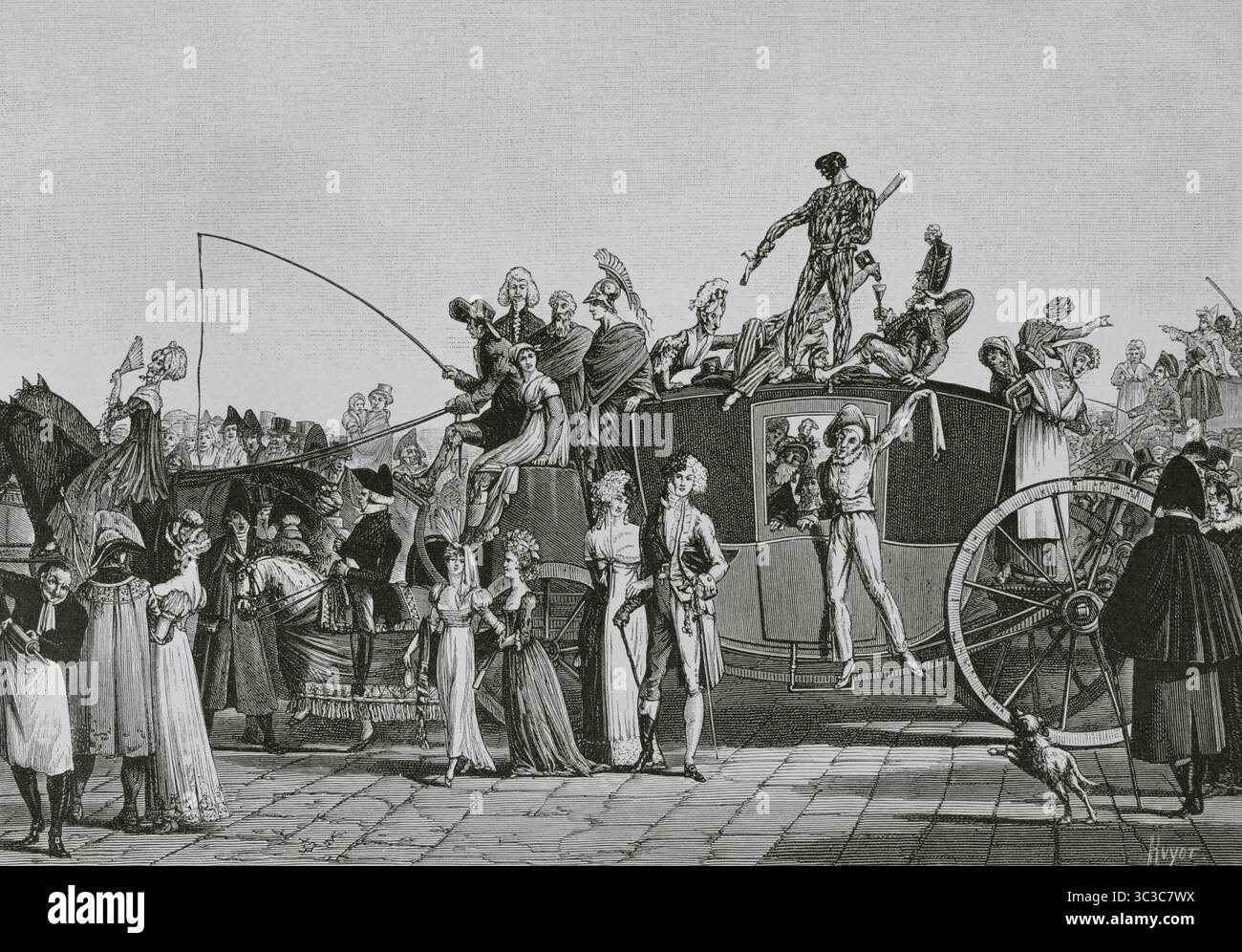 Francia. Carnevale, 1810. Incisione di Huyot dopo Philibert-Louis Debucourt (1755-1832). Directoire, Consolato et Empire. Moeurs et usages, lettres, Sciences et Arts Francia, 1795-1815” (Direttorio, Consolato e Impero di Francia. Costumi e tradizioni, lettere, scienze e arti Francia, 1795-1815), di Paul Lacroix. Pubblicato a Parigi, 1884. Foto Stock