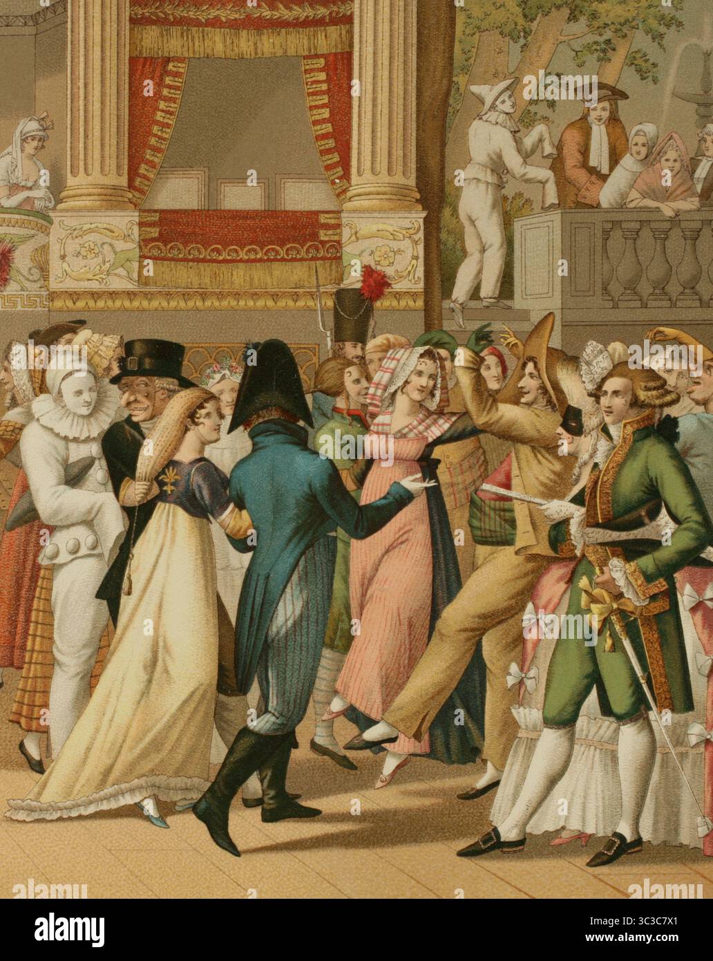 Francia. Ballo in costume all'Opera, 1804. Illustrazione dopo Jean Francois Bosio (1764-1827). Litografia di Gaulard. Cromolitografia. Dettagli. Directoire, Consolato et Empire. Moeurs et usages, lettres, Sciences et Arts Francia, 1795-1815” (Direttorio, Consolato e Impero di Francia. Costumi e tradizioni, lettere, scienze e arti Francia, 1795-1815), di Paul Lacroix. Pubblicato a Parigi, 1884. Foto Stock