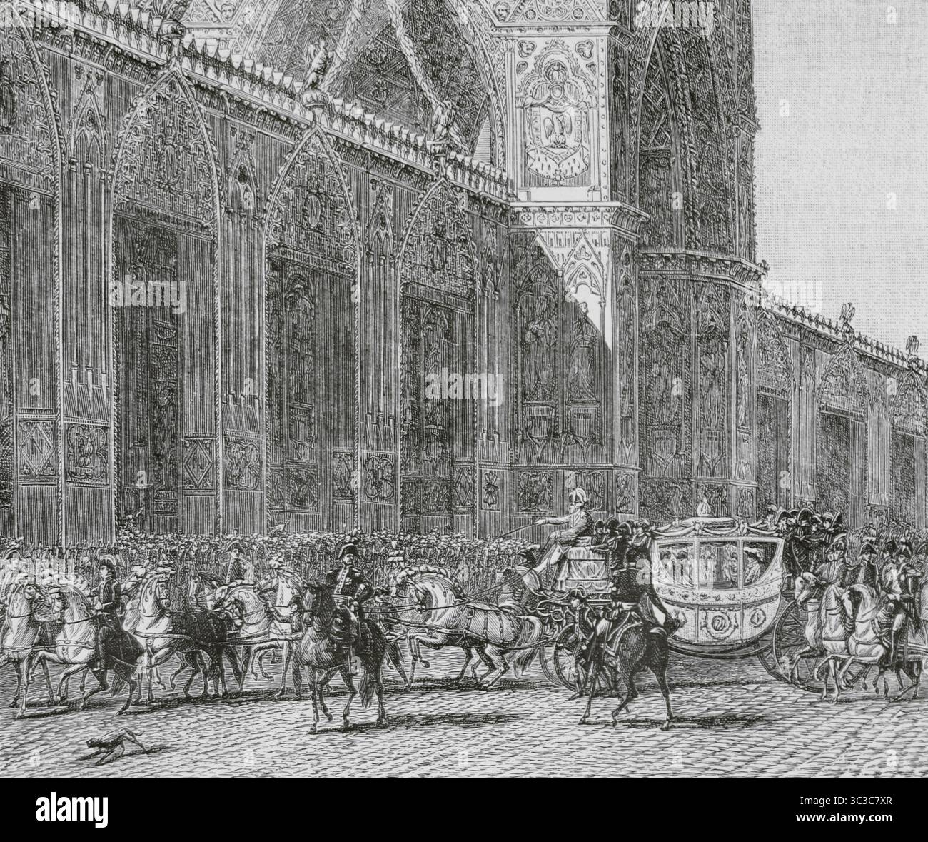 Incoronazione di Napoleone, 2 dicembre 1804. Arrivo della carrozza dell'Imperatore a Notre-Dame. Parigi, Francia. Illustrazione di Girardet. Incisione. Directoire, Consolato et Empire. Moeurs et usages, lettres, Sciences et Arts Francia, 1795-1815” (Direttorio, Consolato e Impero di Francia. Costumi e tradizioni, lettere, scienze e arti Francia, 1795-1815), di Paul Lacroix. Pubblicato a Parigi, 1884. Foto Stock