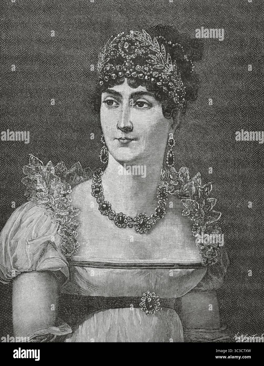 Josephine de Beauharnais (1763-1814). Imperatrice consorte di Francia (1804-1810). La prima moglie di Napoleone. Imperatrice Giuseppina. Incisione di Huyot dopo un ritratto di Henri Francois Riesener (1767-1828), 1806. Directoire, Consolato et Empire. Moeurs et usages, lettres, Sciences et Arts Francia, 1795-1815” (Direttorio, Consolato e Impero di Francia. Costumi e tradizioni, lettere, scienze e arti Francia, 1795-1815), di Paul Lacroix. Pubblicato a Parigi, 1884. Foto Stock