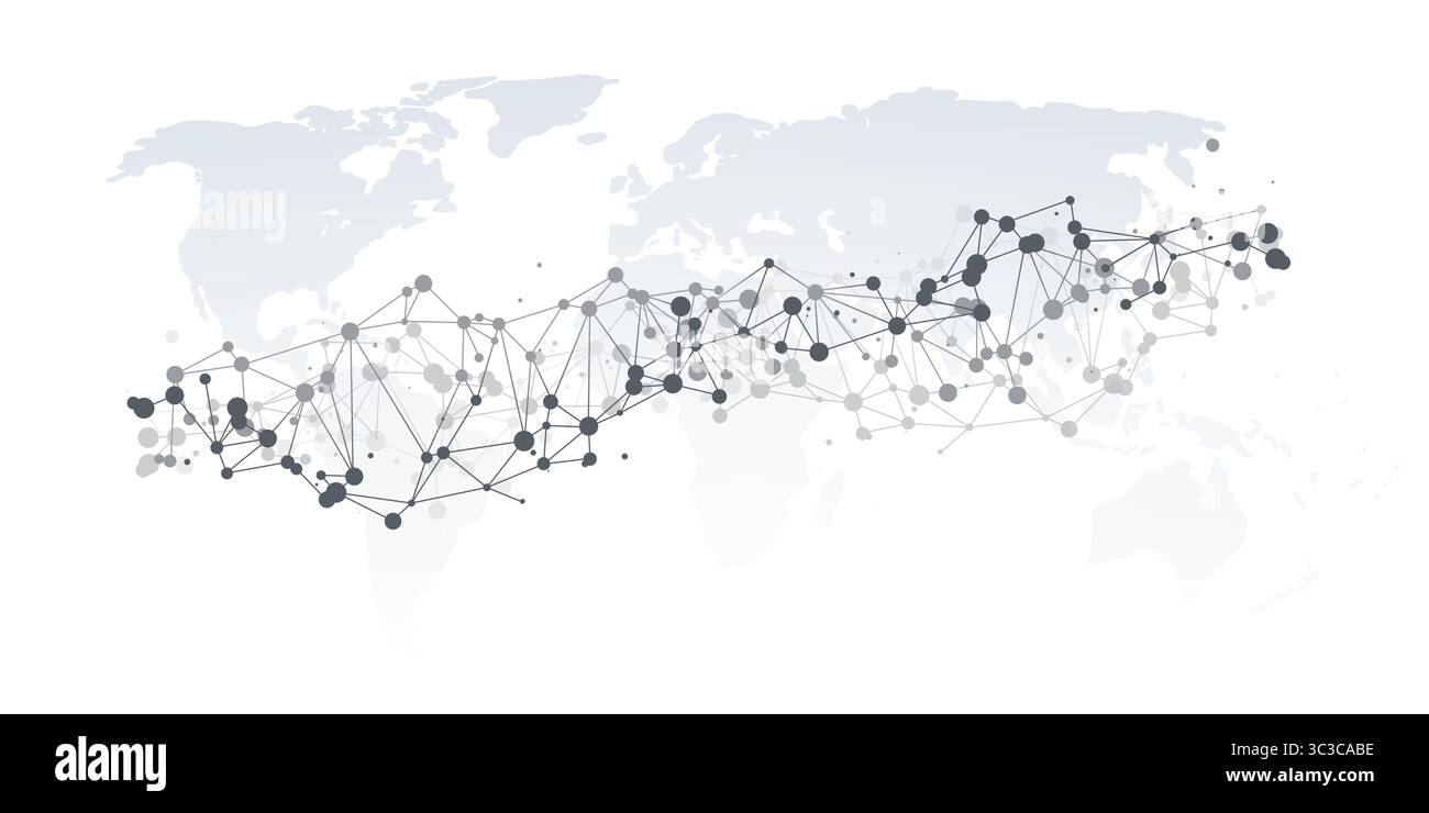 Una mappa del mondo stilizzata con una griglia di rete poligonale, nodi collegati da linee, che simboleggiano la comunicazione globale, lo scambio di dati e la truffa digitale Illustrazione Vettoriale