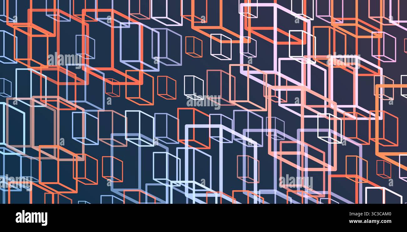 Un vivace motivo astratto di strati di cubi 3D ripetuti in viola, marrone e blu posizionati su uno sfondo blu scuro. L'audace design geometrico e c Illustrazione Vettoriale