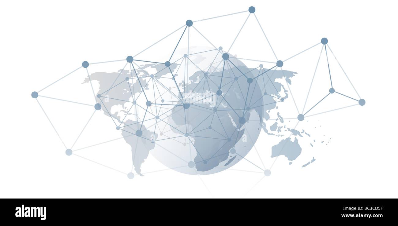 Globo grigio astratto con punti di rete 3d e linee che collegano i continenti su uno sfondo grigio della mappa del mondo. Un concetto moderno di comunicazione globale, Illustrazione Vettoriale