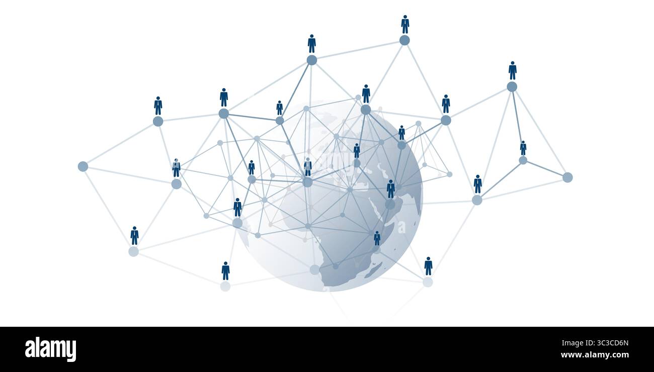 Illustrazione concettuale di una rete aziendale o sociale globale. Le figure umane stilizzate sono interconnesse da linee e nodi. Sfondo della mappa del mondo, symbo Illustrazione Vettoriale