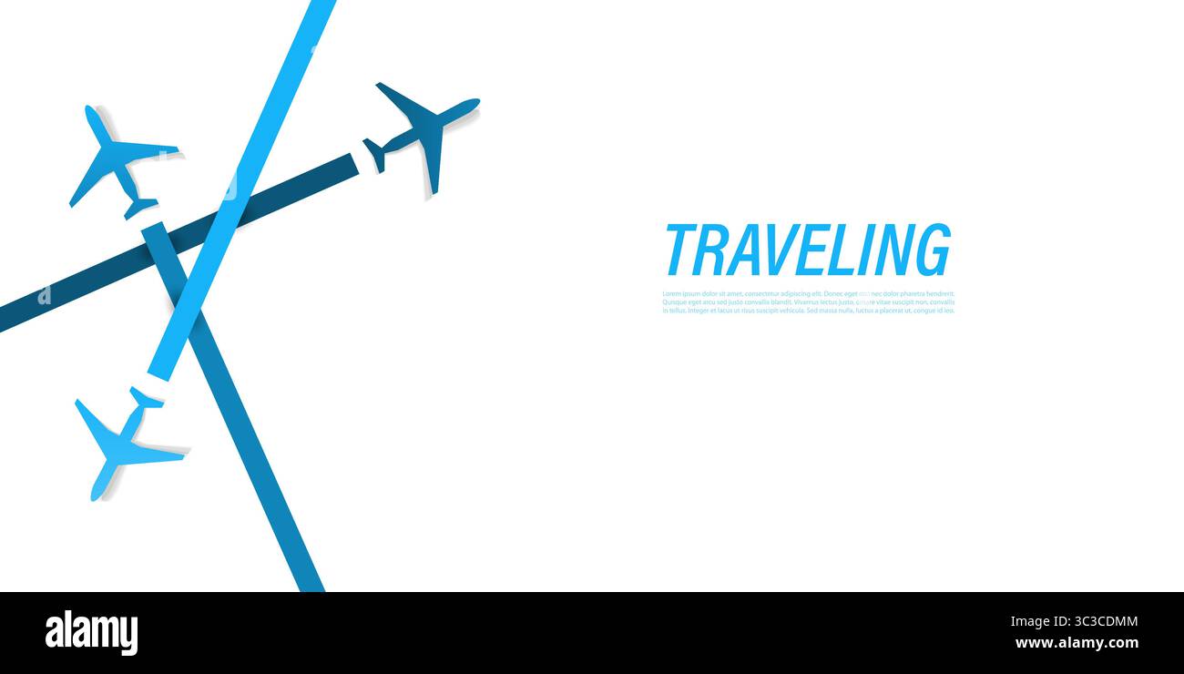 Illustrazione vettoriale minima di tre silhouette blu di un aereo su sfondo bianco con spazio per le copie e testo "VIAGGIARE". Perfetto per gli annunci di viaggio aereo Illustrazione Vettoriale