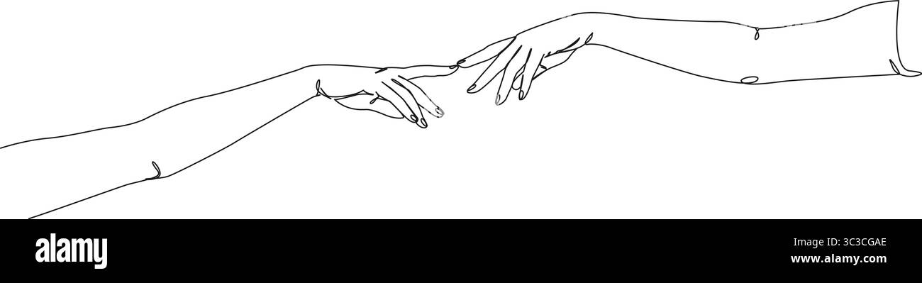 disegno continuo a linea singola di due bracci allungati, dita indice toccate, illustrazione vettoriale line art Illustrazione Vettoriale