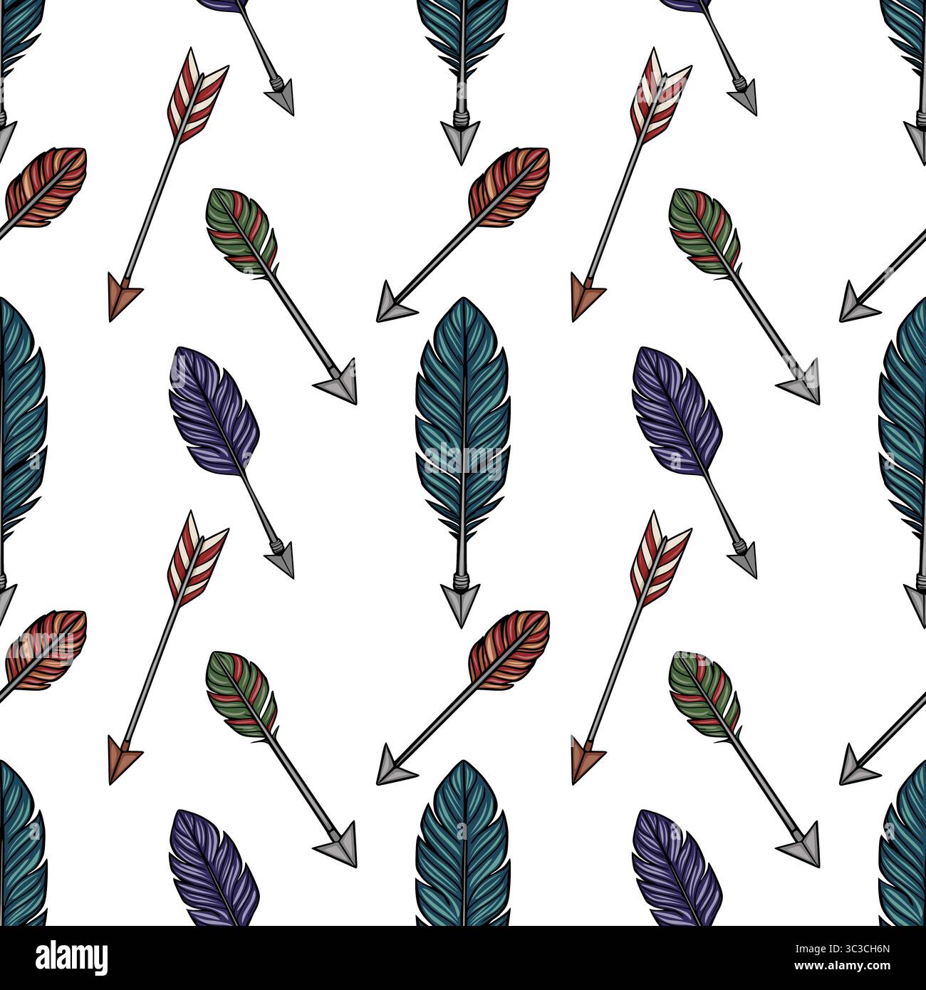 Motivo vettoriale senza cuciture di frecce colorate con piume, caratterizzato da un vivace stile boho e una disposizione diffusa per applicazioni di design versatili Illustrazione Vettoriale