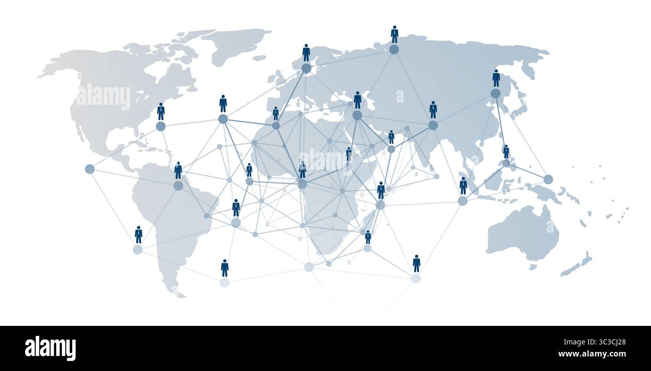 Illustrazione concettuale di una rete aziendale o sociale globale. Le figure umane stilizzate sono interconnesse da linee e nodi. Sfondo della mappa del mondo, symbo Illustrazione Vettoriale