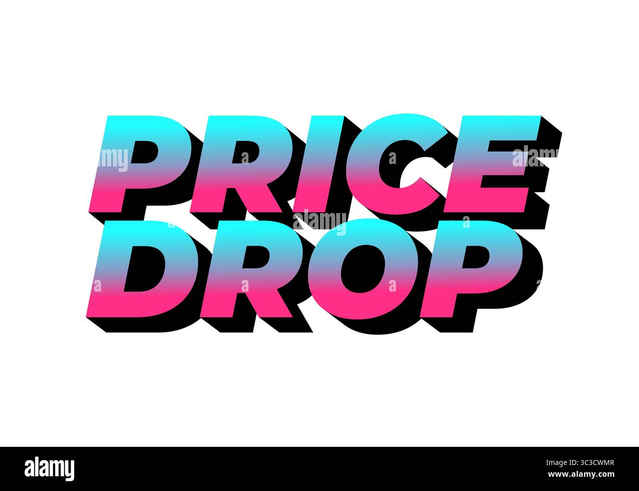 Grafica testuale in grassetto con le parole CALO DI PREZZO in una vibrante sfumatura di rosa e blu con effetto ombra, adatta per materiali promozionali. Illustrazione Vettoriale