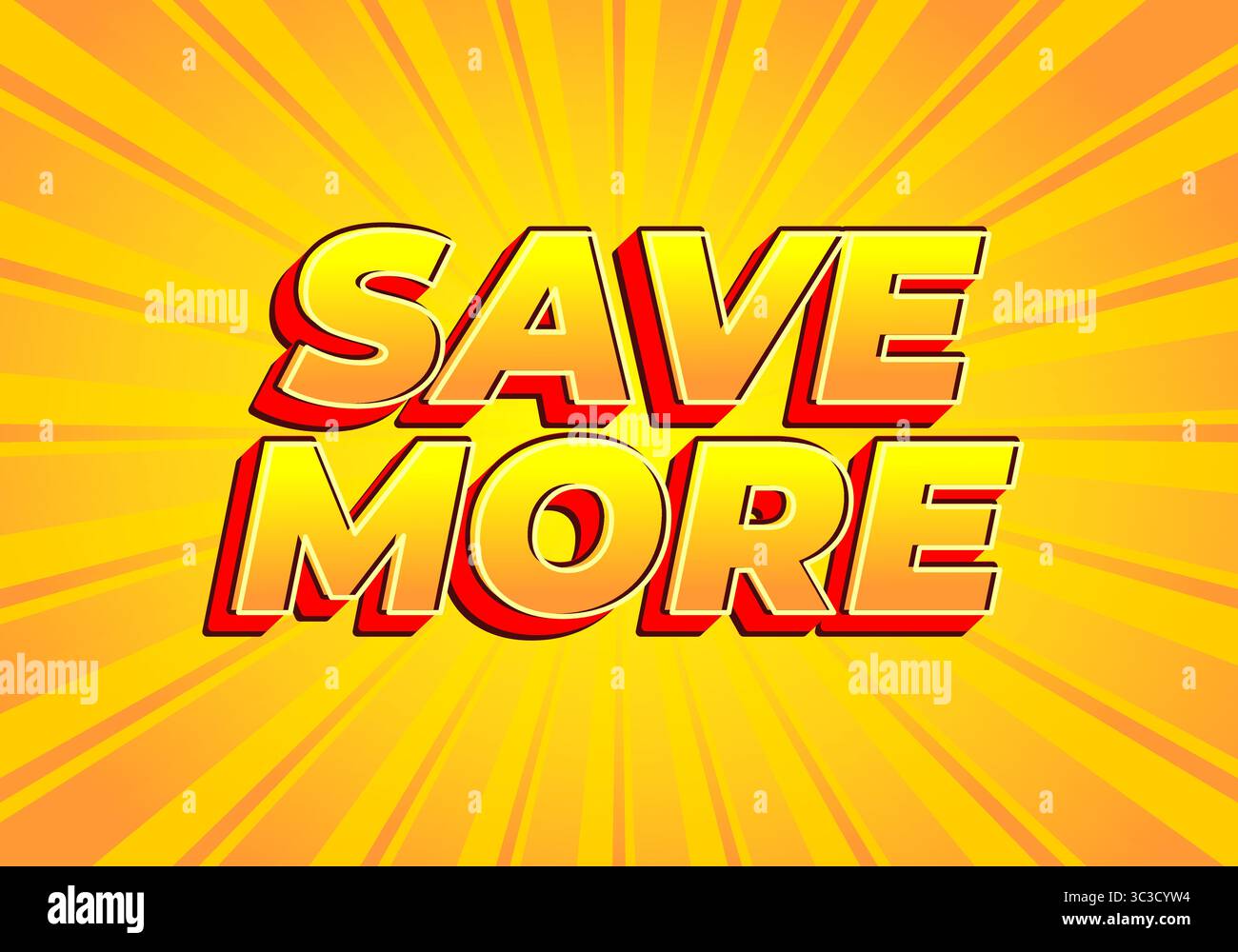 Una grafica vivace con il testo in grassetto CONSENTE DI RISPARMIARE DI PIÙ in un font dinamico, su uno sfondo giallo brillante con linee irradiate, che trasmettono un senso Illustrazione Vettoriale