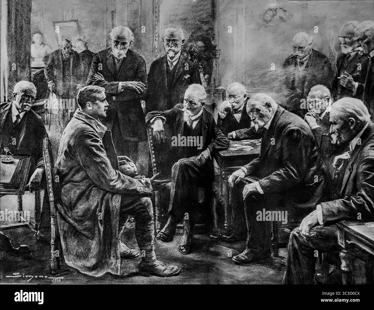 Un giovane soldato della prima guerra mondiale racconta la sua esperienza sul campo di battaglia a veterani anziani delle guerre precedenti al Military Club, in questa commovente illustrazione intitolata "Ceux de l'autre guerre", pubblicata su l'Illustration il 25 marzo 1916. Il contrasto generazionale si riflette sul dovere, sulla memoria e sull'eredità duratura della guerra in Francia. Drammatica opera d'arte in bianco e nero di Simont, che evoca riflessioni durante la grande Guerra. Immagine storica di archivio. Foto Stock