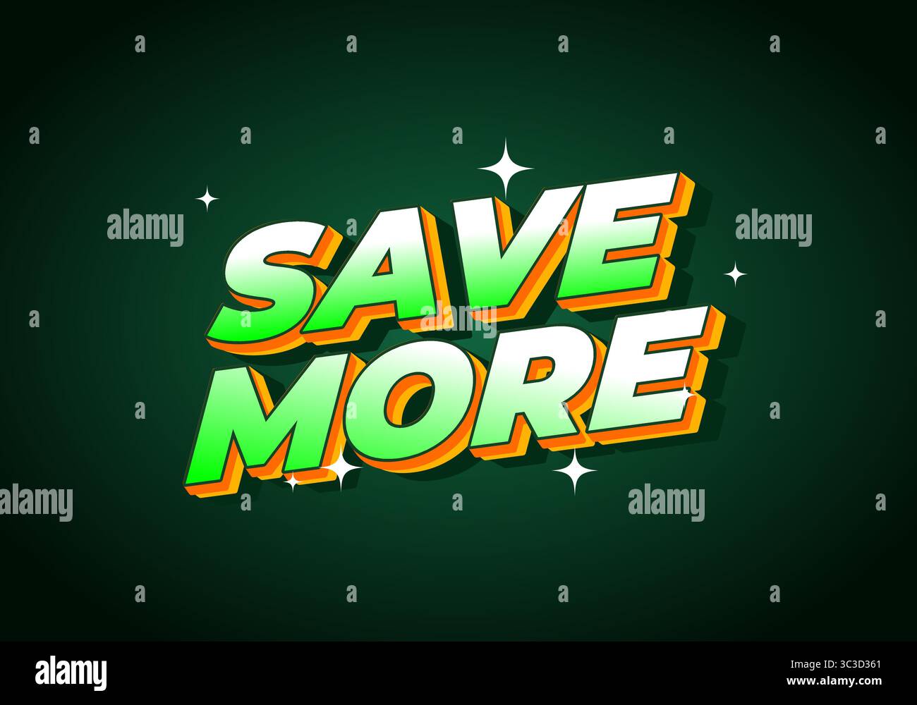 Un design grafico vivace con testo che SALVA DI PIÙ in grassetto tipografico 3D. I colori passano dal verde all'arancione con una finitura lucida, set aga Illustrazione Vettoriale