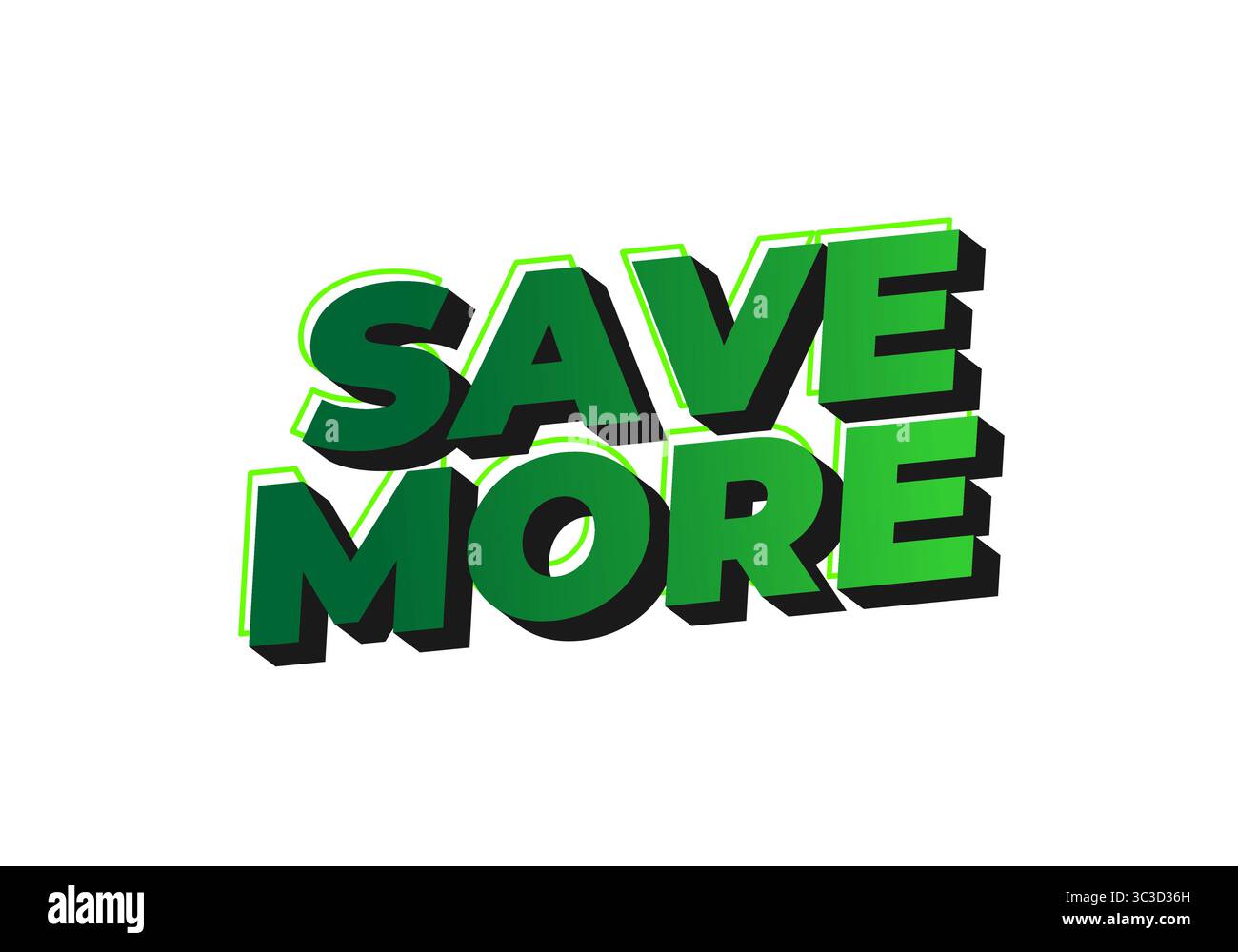 Testo tridimensionale in grassetto che mostra la frase RISPARMIANO DI PIÙ con colori verdi e neri vivaci, sottolineando risparmi e promozioni. Illustrazione Vettoriale