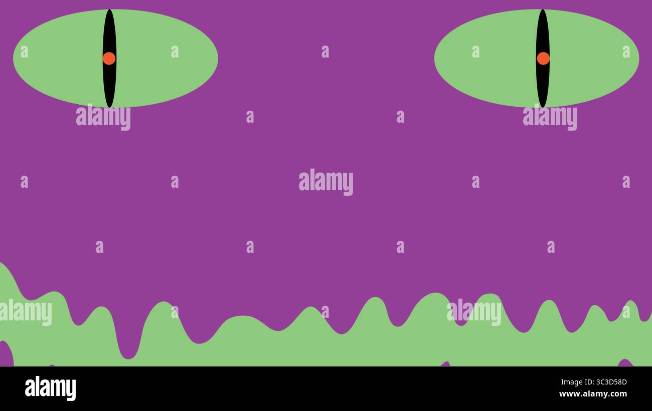 Un mostro verde astratto con pupille incandescenti e bocca ondulata su un audace sfondo viola per concetti a tema horror Illustrazione Vettoriale