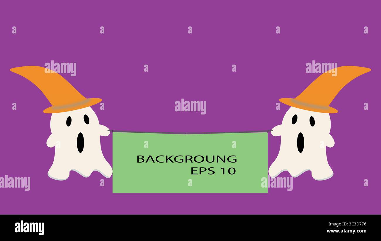 Due adorabili fantasmi bianchi in cappelli arancioni con un cartello verde vuoto su uno sfondo viola brillante per i messaggi di Halloween Illustrazione Vettoriale