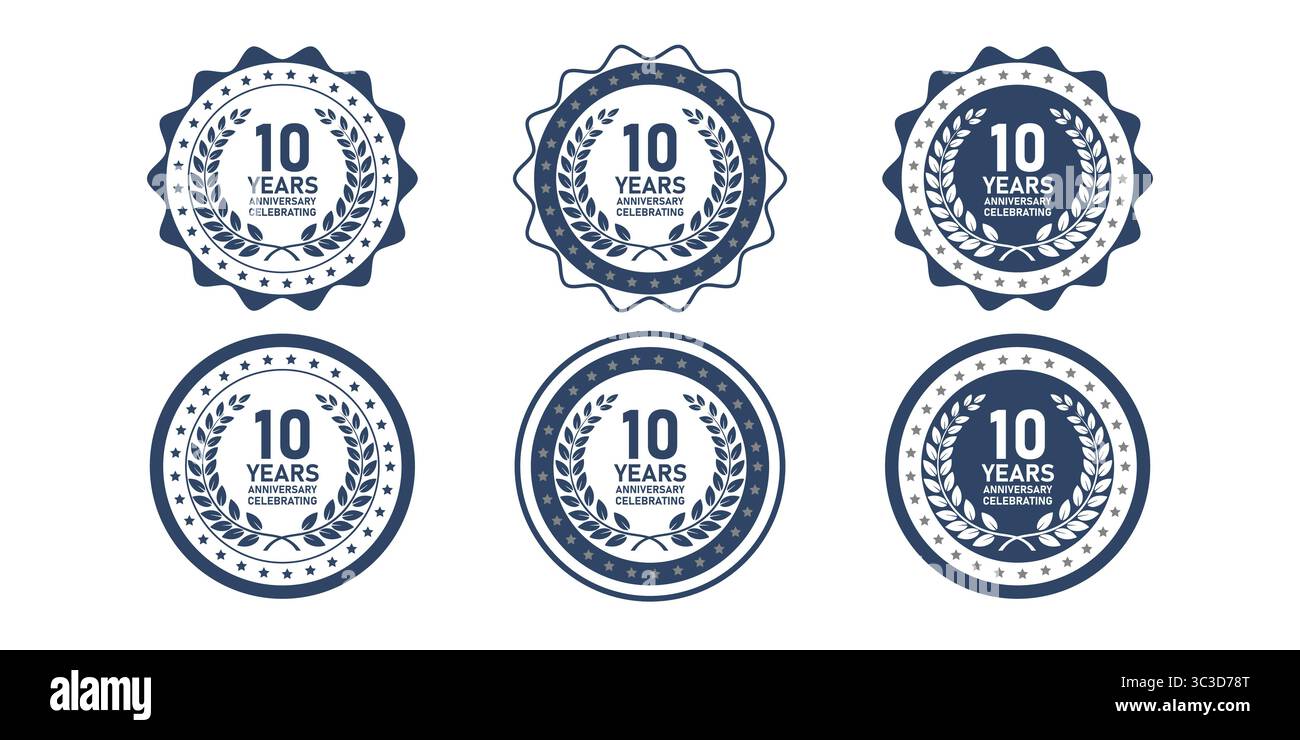 Distintivi per il 10° anniversario per gli eventi di raggiungimento e riconoscimento Illustrazione Vettoriale