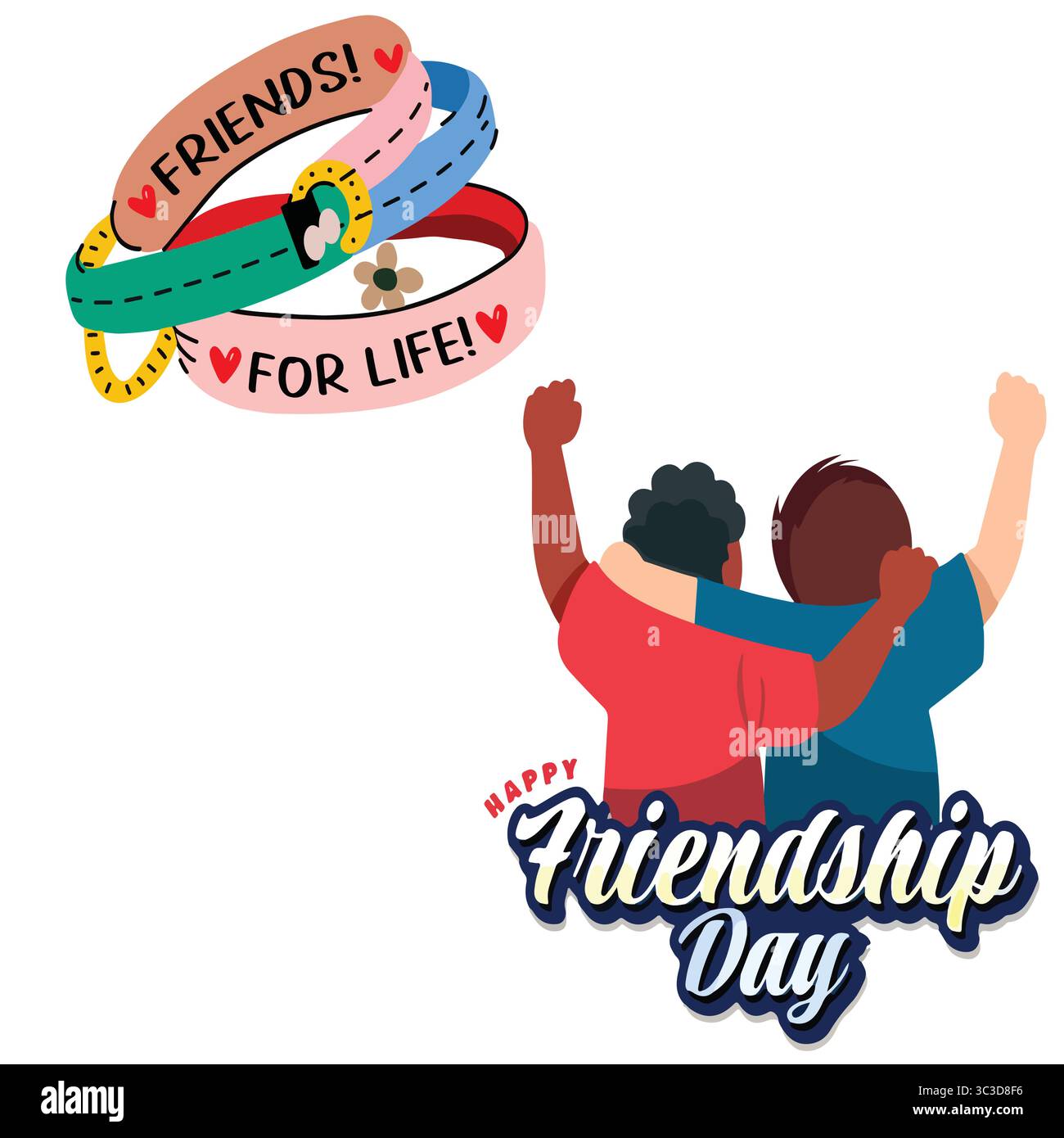 Festa del giorno dell'amicizia - bracciali dell'amicizia colorati e amici che abbracciano Illustrazione Vettoriale