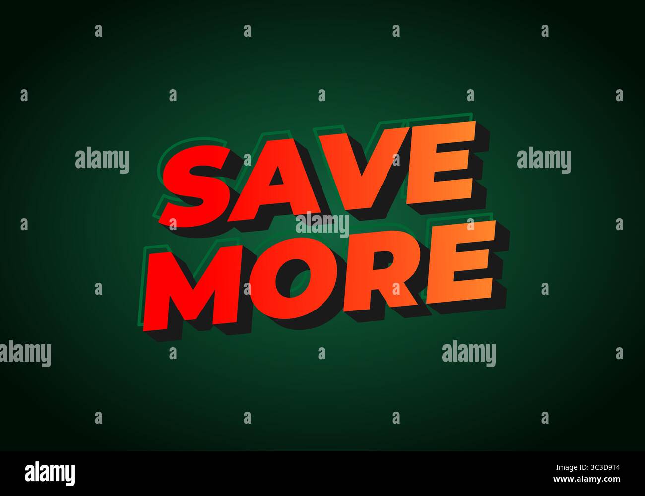 Grafica con testo in grassetto con le parole CHE RISPARMIANO DI PIÙ nei colori rosso e arancione, su sfondo verde scuro. Il testo presenta un effetto 3D con ombre, Illustrazione Vettoriale