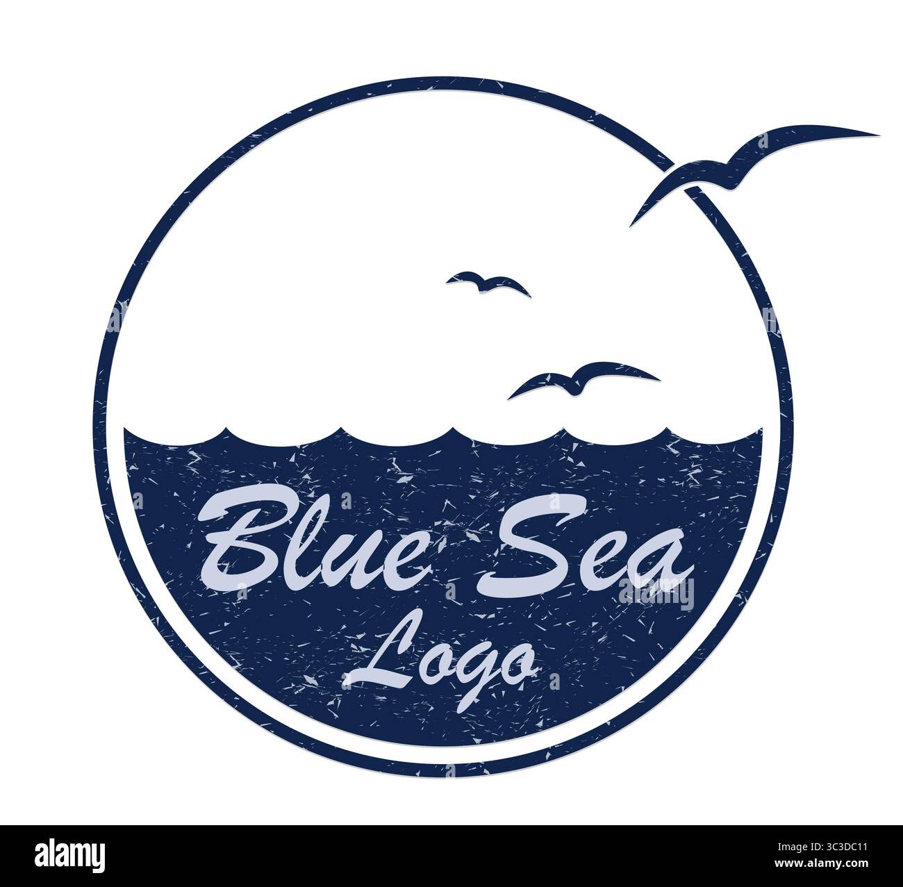 logo rotondo con mare e uccelli. Illustrazione Vettoriale