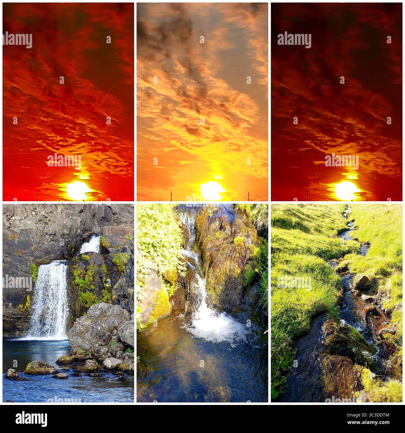 Il sole, la cascata d'acqua e il flusso d'acqua - Islanda Foto Stock