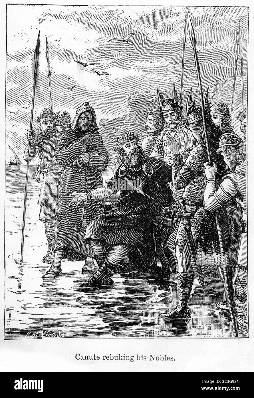 Re Canuto tenta di trattenere la marea per rimproverare i suoi nobili. Conosciuto anche come Canuto, e con l'epiteto il grande, fu re d'Inghilterra dal 1016, re di Danimarca dal 1018, e re di Norvegia dal 1028 fino alla sua morte nel 1035. Foto Stock