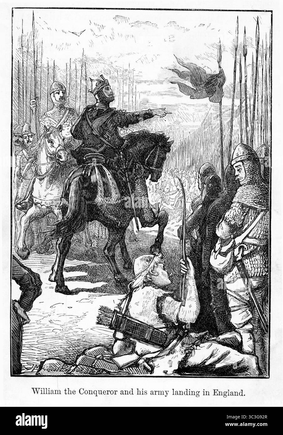 Guglielmo il Conquistatore e il suo esercito sbarcano in Inghilterra nel 1066 Foto Stock